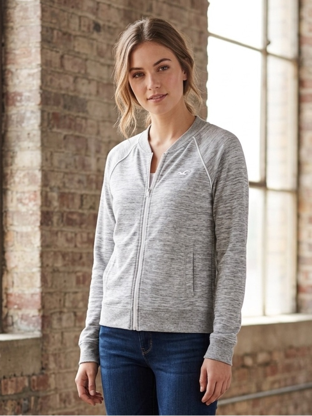 Hollister Grey‎ Space Dye Full Zip Bomber Sweatshirt Jacket Womens Medium